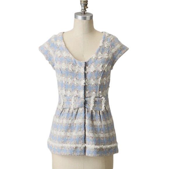 Anthropologie Charlie & Robin Dogwood Baby Blue Plaid Tweed Bow Cardigan - S - Picture 1 of 14